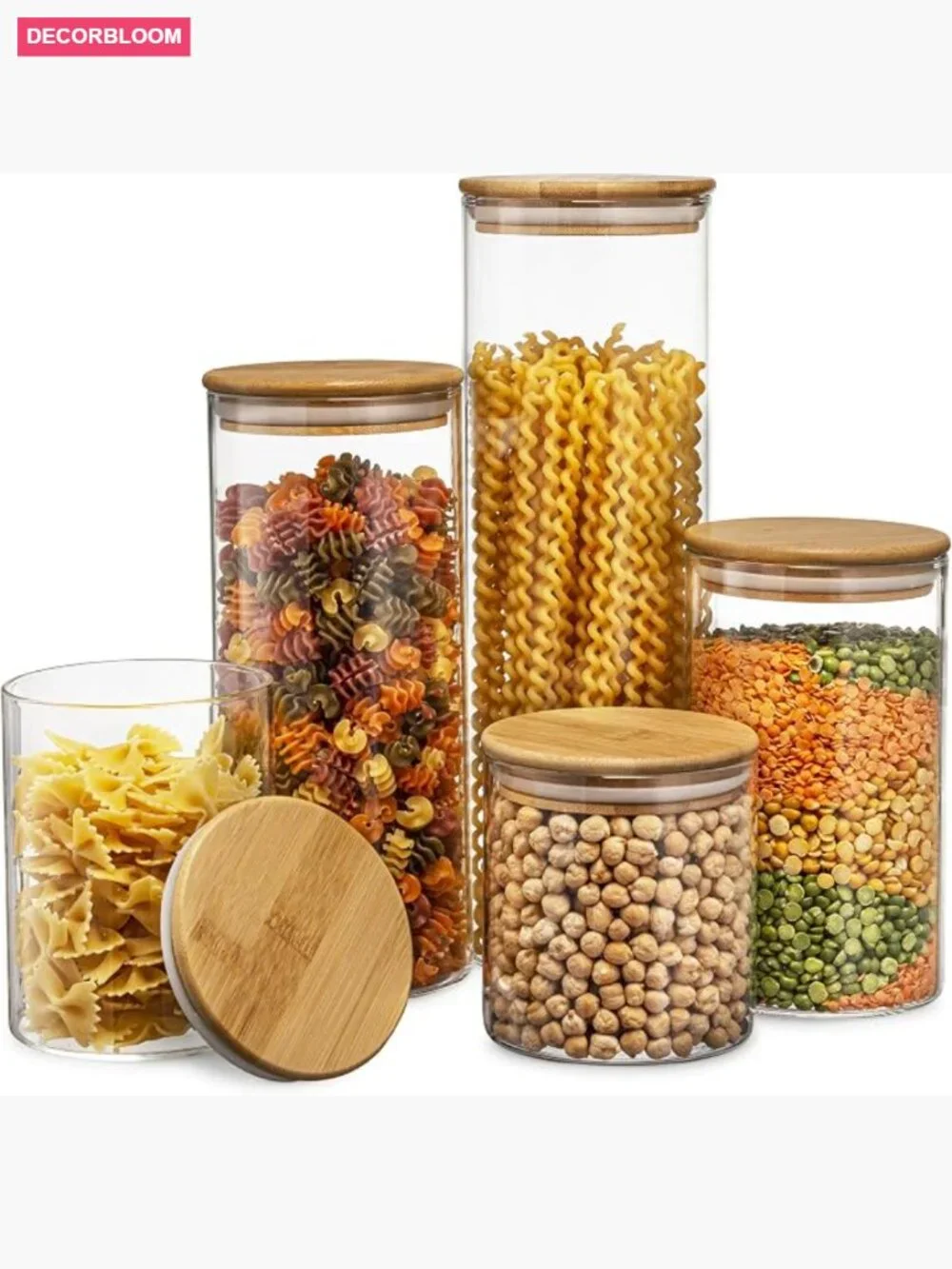 Set of 5 Glass Kitchen Canisters with Airtight Bamboo Lids